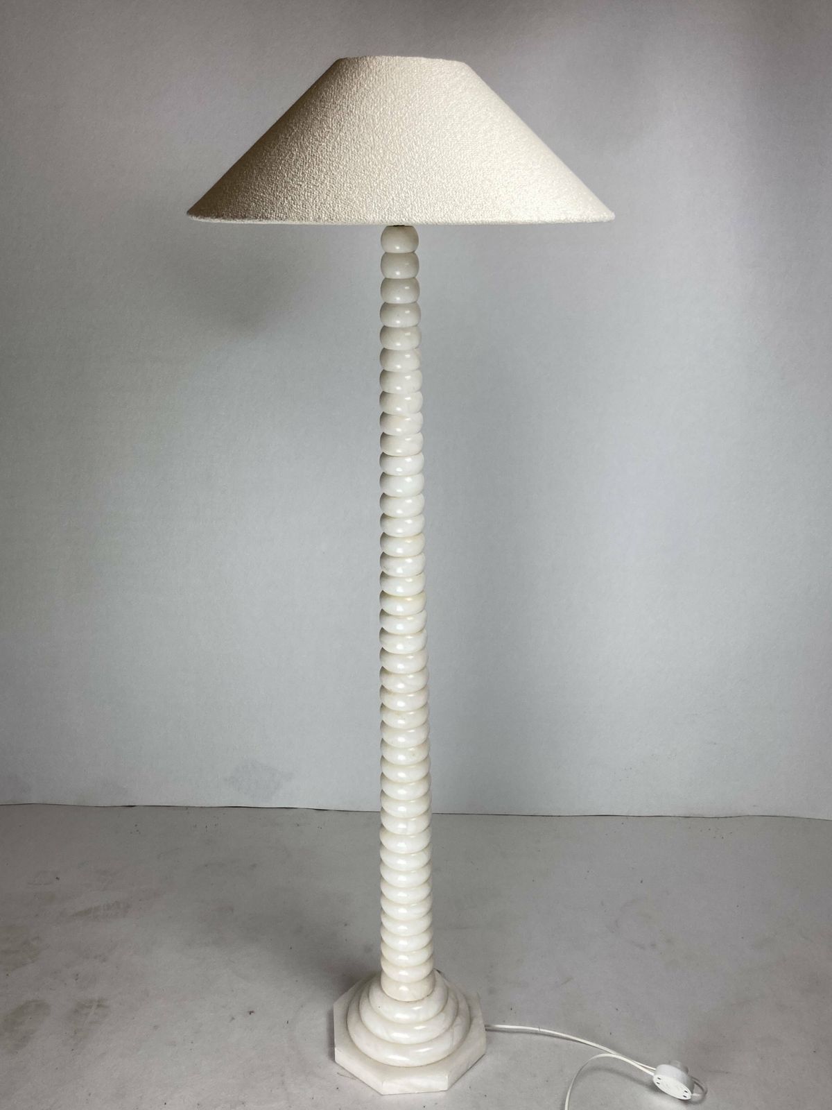 photo for sale Midcentury French Alabaster Floor Lamp With Bouclé Shade, 1950s