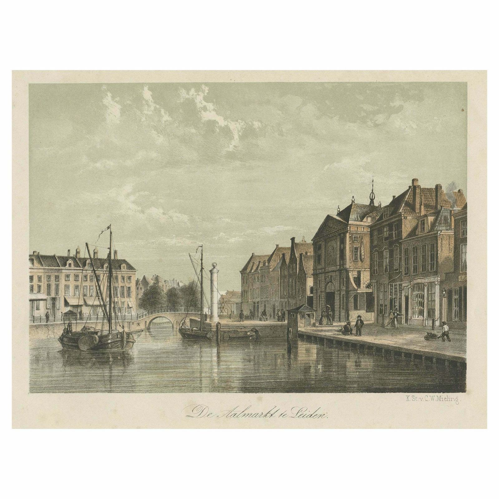 Old Print Of The 'Aalmarkt' Of Leiden, University City In The Netherlands, 1860