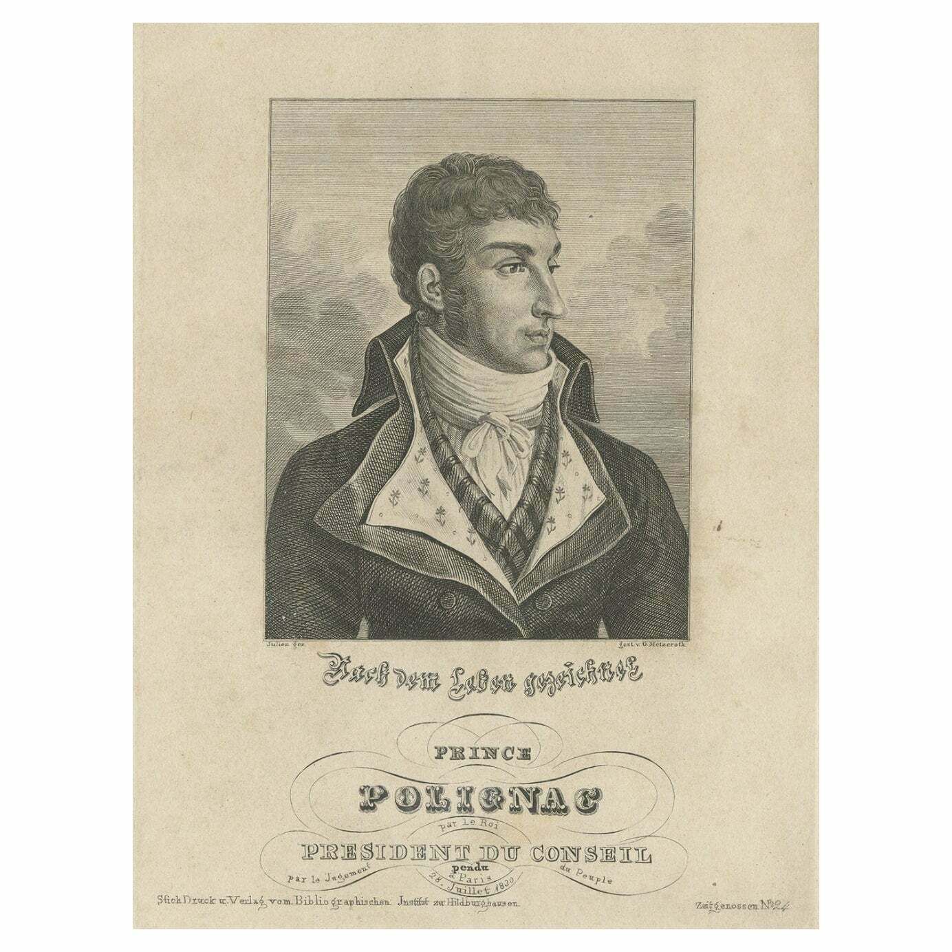 Antique Portrait Of Jules De Polignac, A Famous French Politician, C.1830