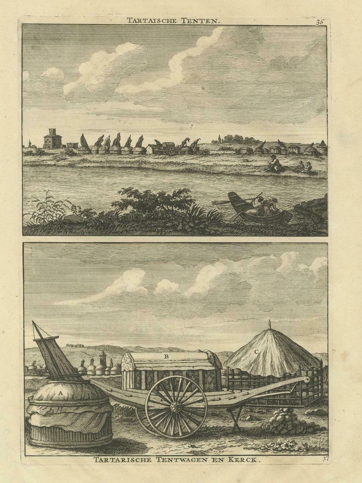 Antique Print Of Tartar Tents, Wagon And A Tartar Church, 1714 photo for sale