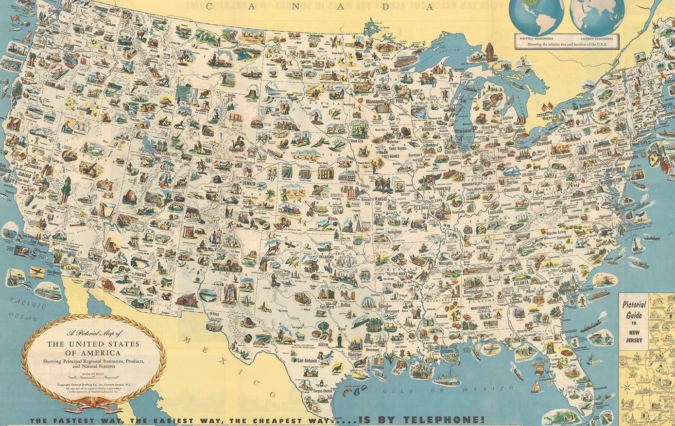 Old Decorative Pictorial Map Of The United States, Circa 1953 photo for sale