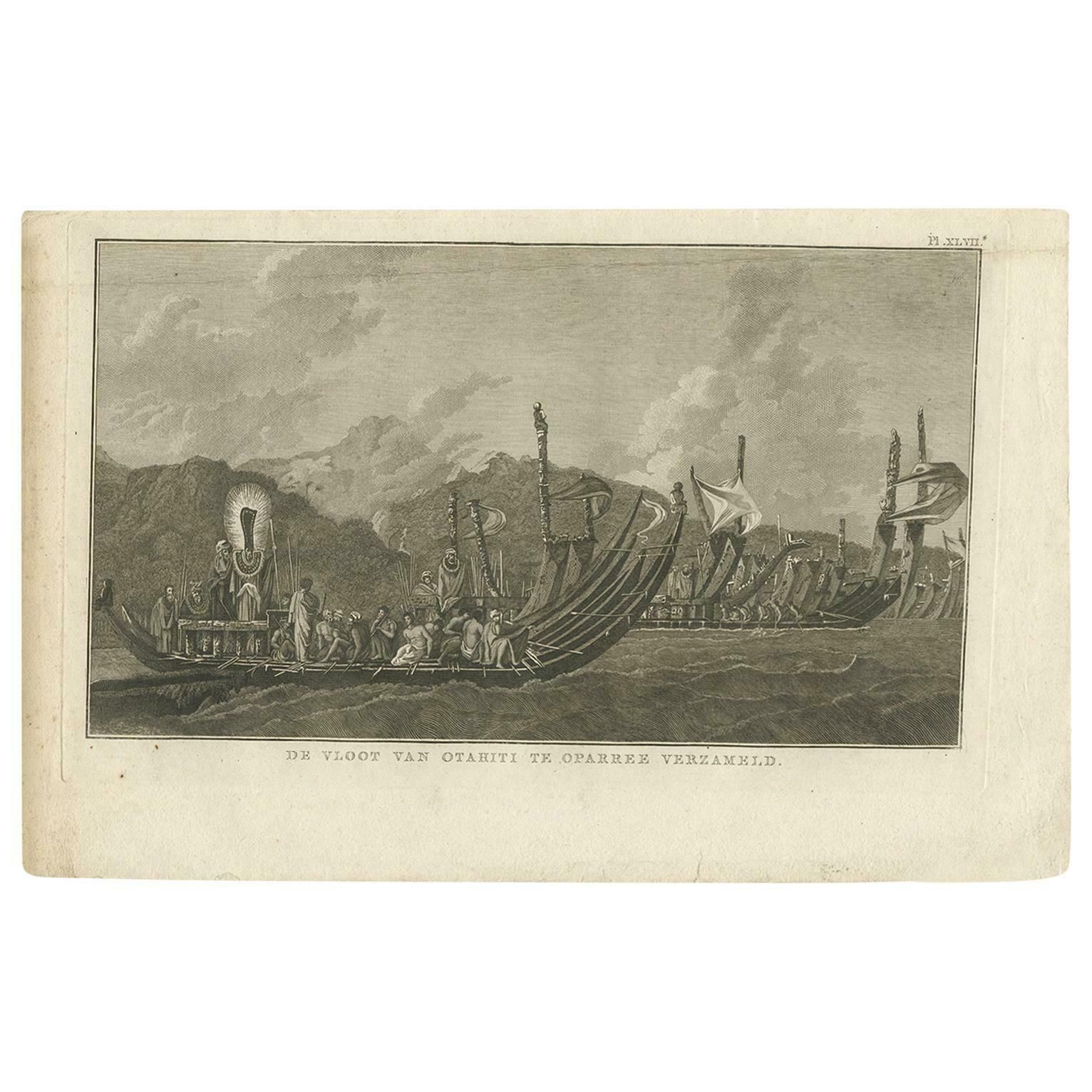 Antique Print Of The Fleet Of Proas Of Tahiti By Cook, 1803