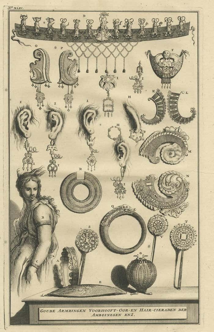 Antique Print Of Ambonese Jewelry By Valentijn, 1726 photo furniture