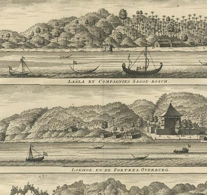 Antique Print With Three Views Of Ambon By Valentijn, 1726 photo for sale