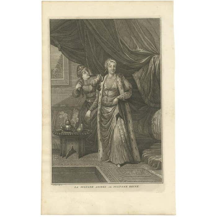 Antique Print Of The Sultan Asseki With A Servant Maid By B. Picart, Circa 1725