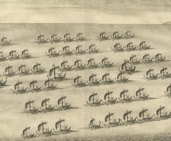 Antique Print Of The Hongi/Coracora Fleet By Valentijn '1726' photo for sale