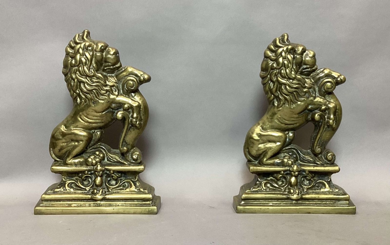 Rare C19th Pair Of Brass Lion Doorstops / Door Porters