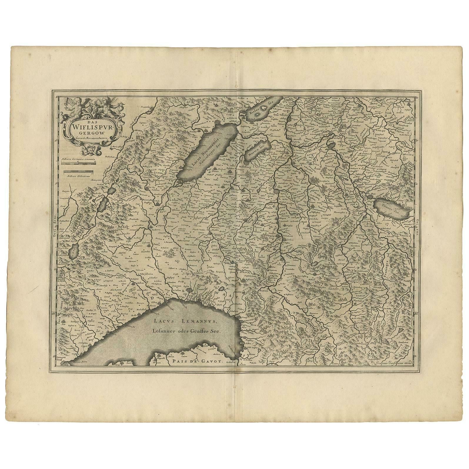 Antique Map Of The Region Of Lake Geneva By Janssonius '1657'