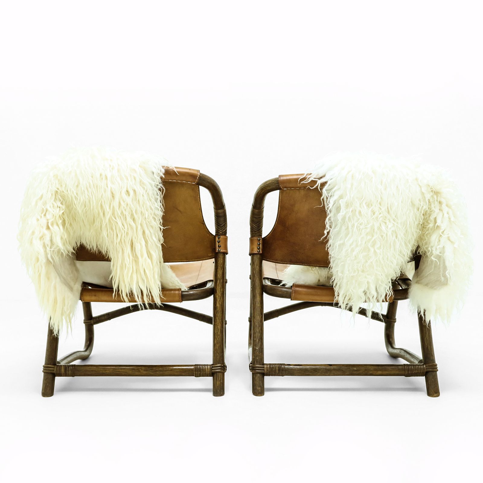 A Pair Of Vintage Sheepskin And Leather And Cane Easy Chairs Attributed To Rohe Noordwolde photo 1250.0