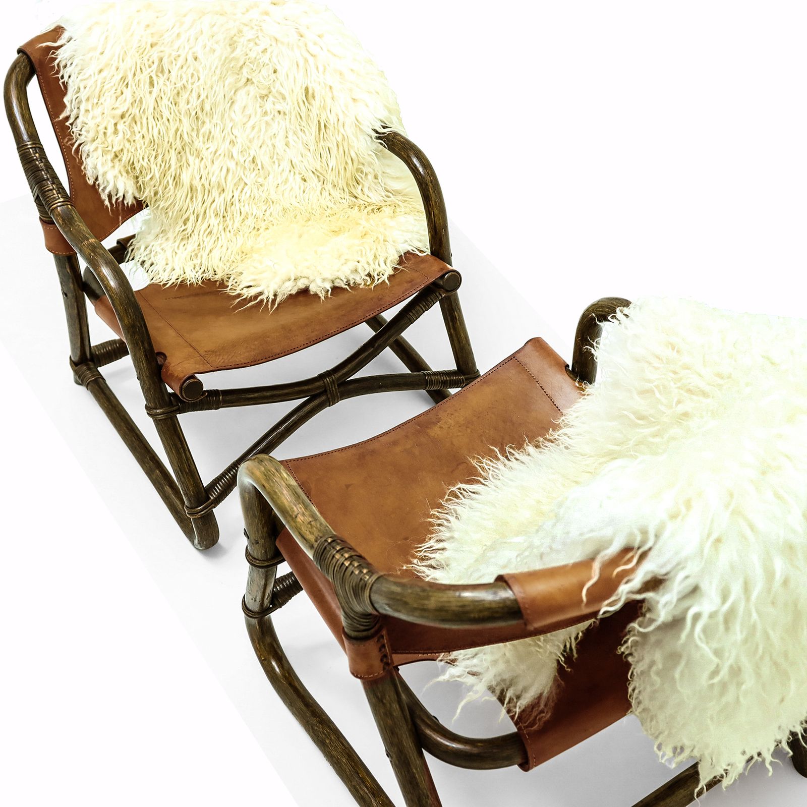 A Pair Of Vintage Sheepskin And Leather And Cane Easy Chairs Attributed To Rohe Noordwolde photo for sale