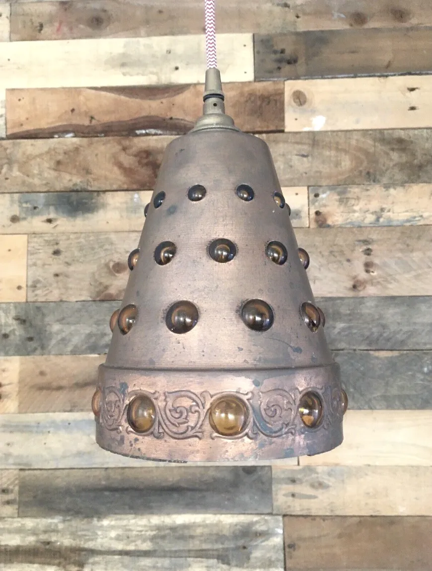 photo vinterior Brutalist Peill & Putzler Caged Copper Amber Glass Ufo Lampshade Ceiling Light