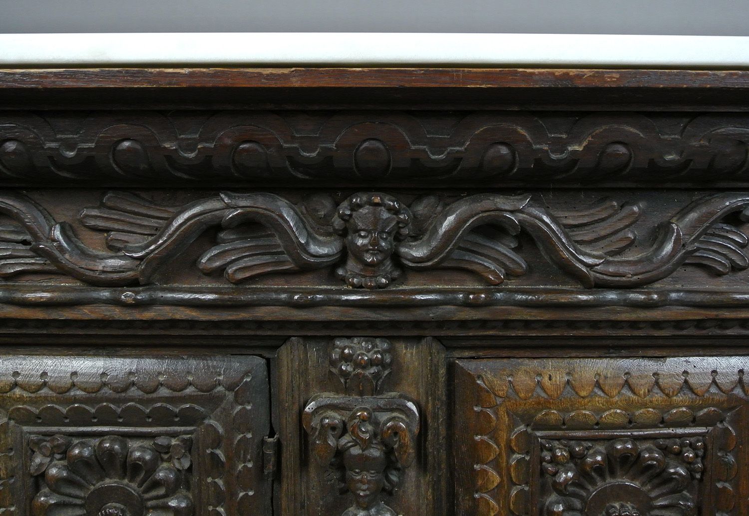 Early 17th Century Figural Carved Oak Livery Cupboard C. 1620 photo for sale