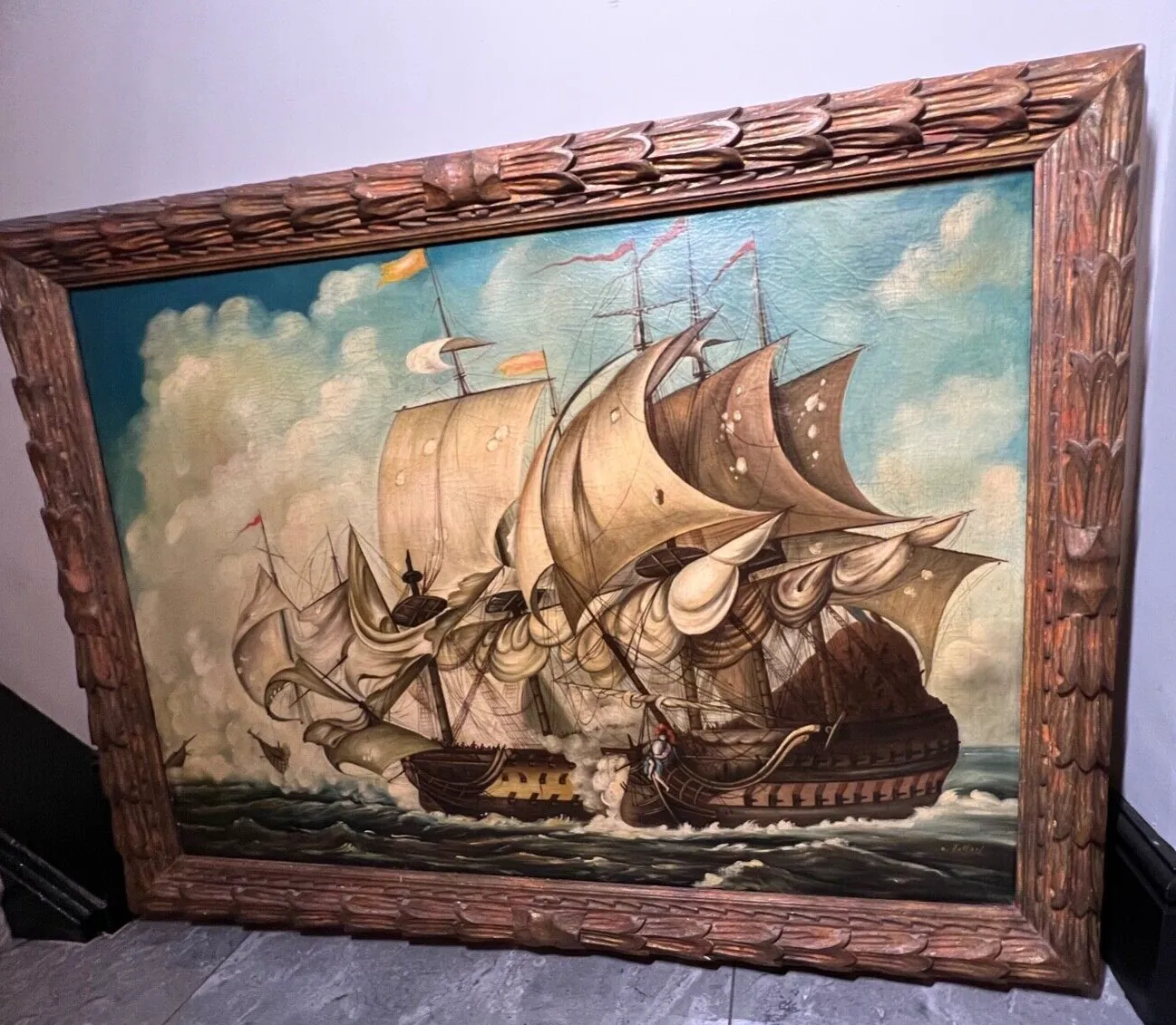 photo vintage Large 19th Century Italian School Dino Fattori Man O War Battleship Oilpainting