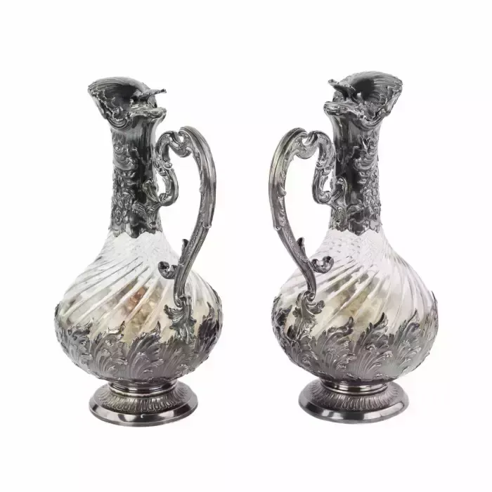 Frangiere & Laroche. Pair Of French Glass Wine Jugs In Silver From The 1880s. photo 2990.0