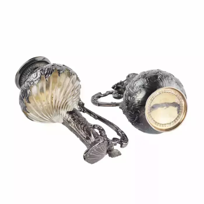 Frangiere & Laroche. Pair Of French Glass Wine Jugs In Silver From The 1880s. photo buy