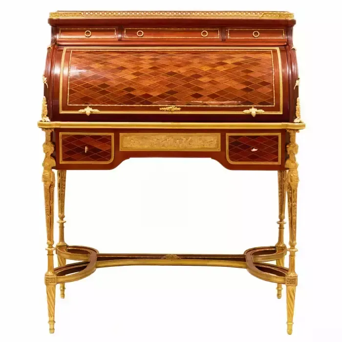 E.Kahn. A Magnificent Cylindrical Bureau In Mahogany And Satin Wood With Gilt Bronze. photo for sale
