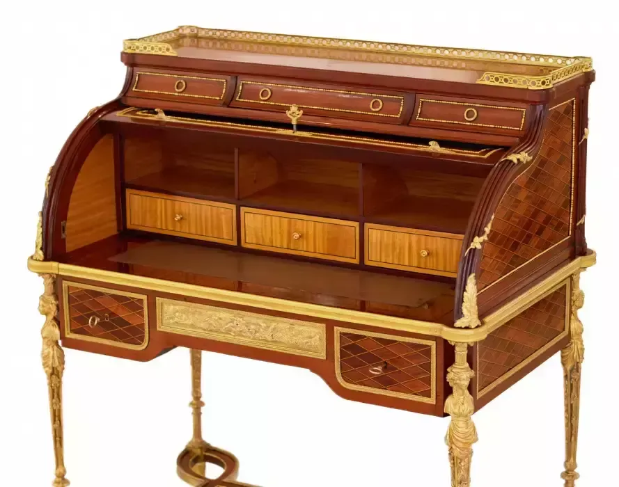 E.Kahn. A Magnificent Cylindrical Bureau In Mahogany And Satin Wood With Gilt Bronze. photo 24029.0