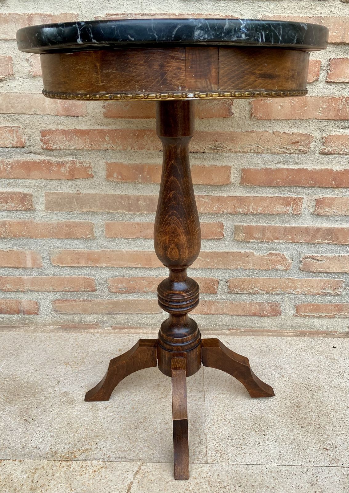 Round French Walnut Side Table With Black Marbled Tabletop, Gustavian Style, 1880s photo 876.0