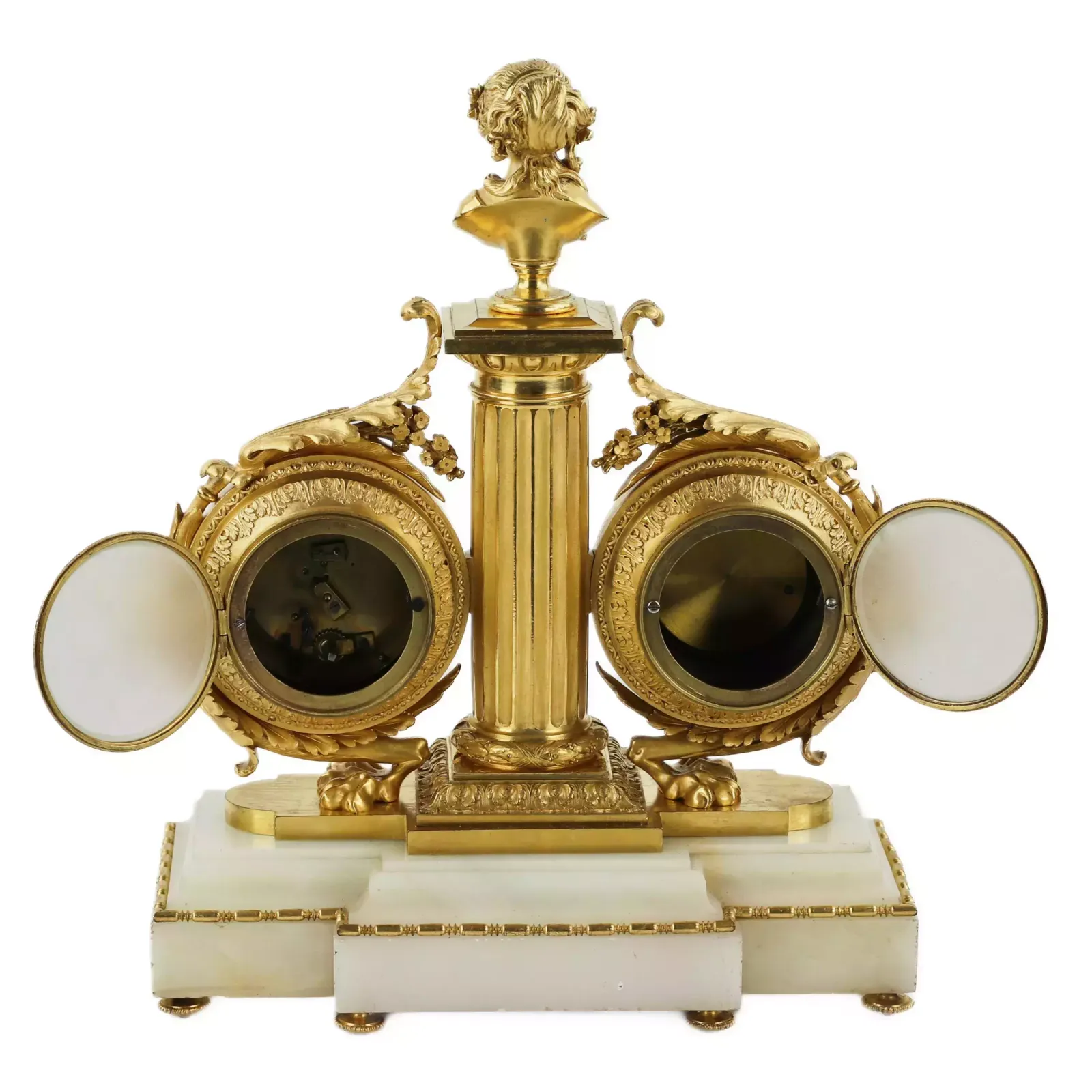 Tabletop Instrument In White Marble Gilded Bronze With Clock Thermometer And Barometer 19th Century photo for sale