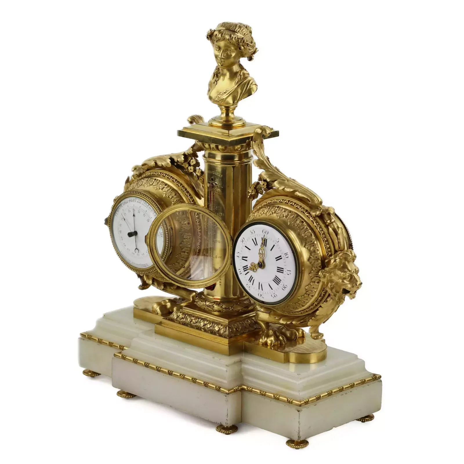 Tabletop Instrument In White Marble Gilded Bronze With Clock Thermometer And Barometer 19th Century photo Home Decor