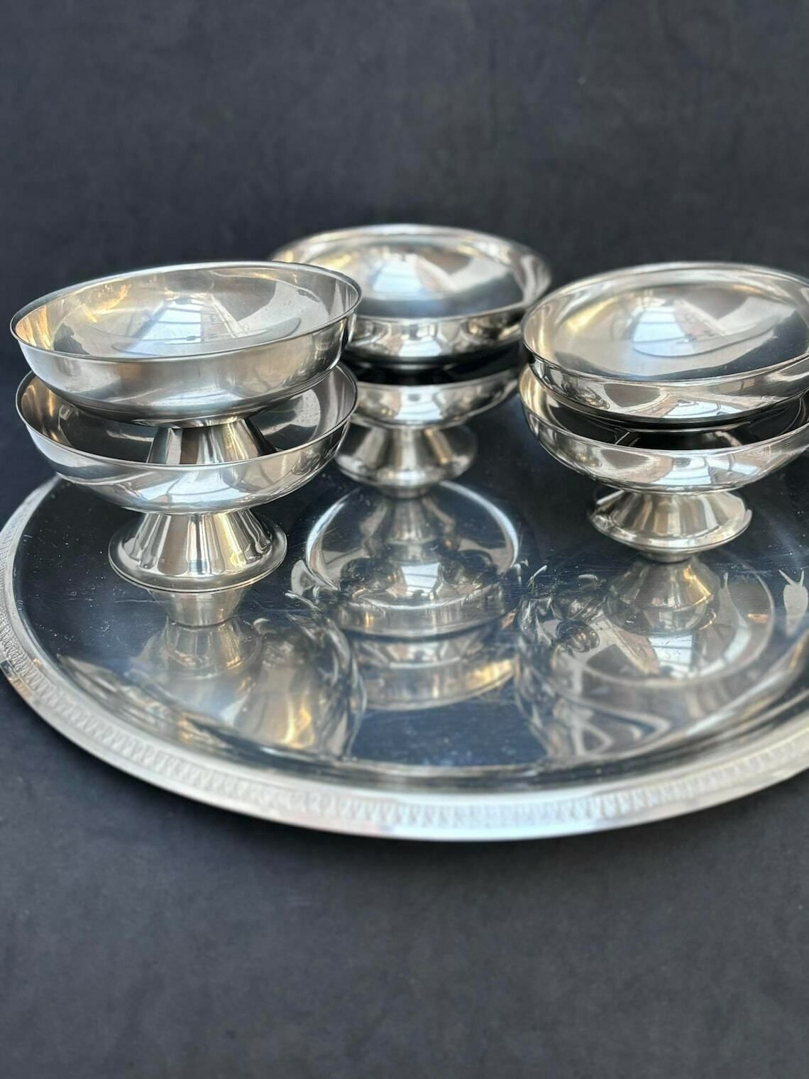 photo furniture Ice Cream Set 6 Cups Stainless Steel Sauce Boat Vintage Dessert Bowl, Sorbet Cup Garden Party Table Gift To Her Christmas Table Wedding Gift