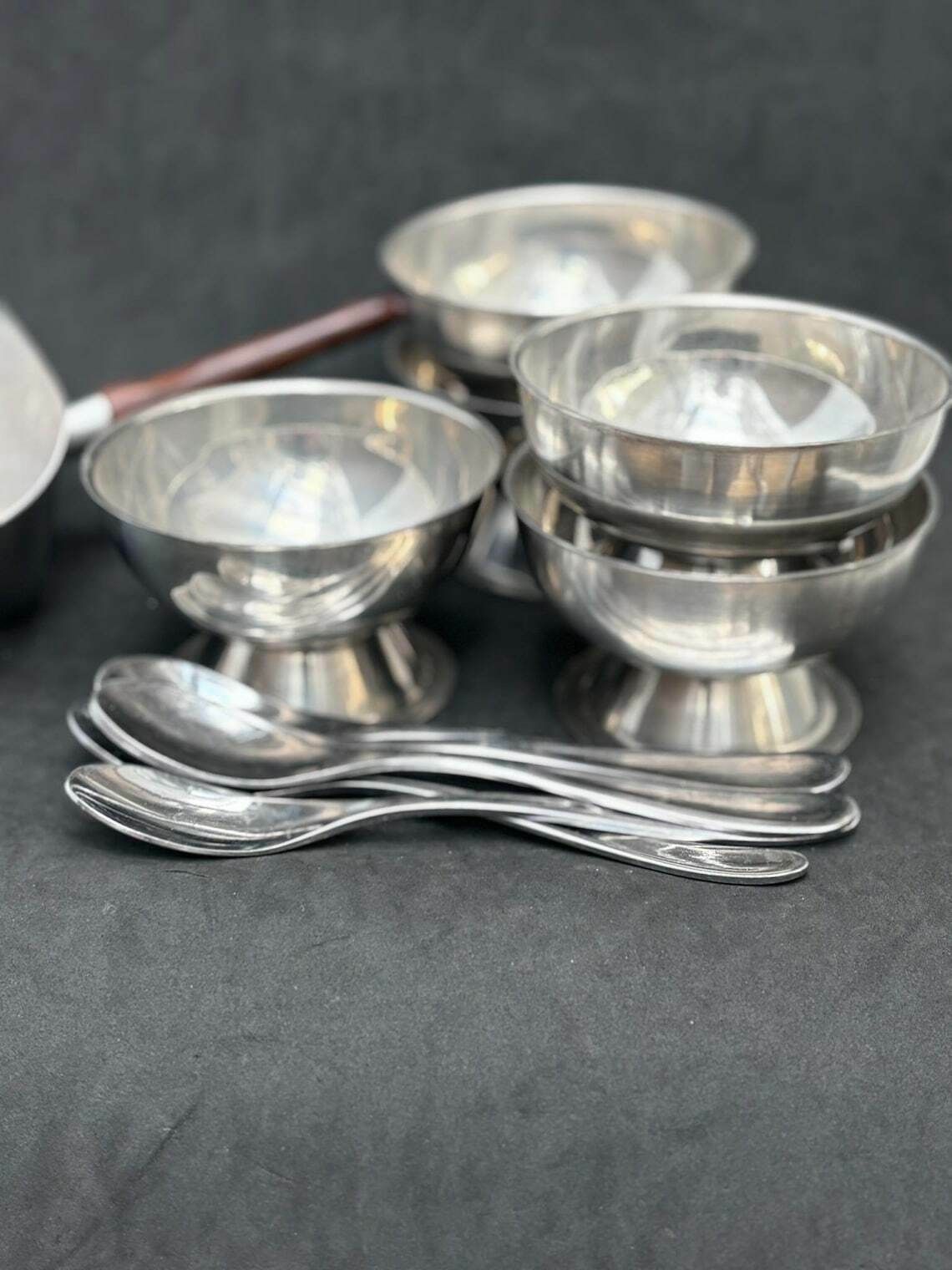 Ice Cream Set 5 Cups, Sauce Boat And 5spoons Vintage French Metal As New, Mom Gift Hostess Wedding Gift Cream Bowl Fruit Salad Footed photo 126.0