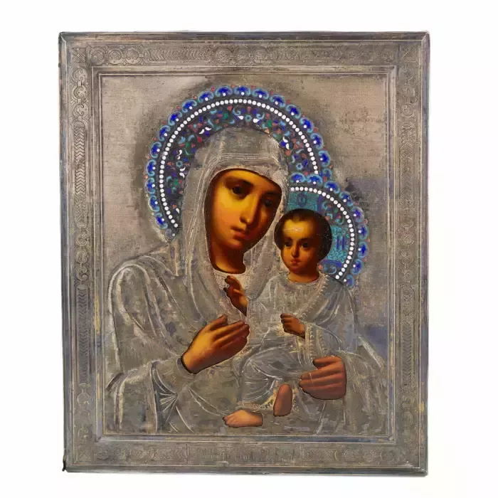 Icon Of The Tikhvin Most Holy Theotokos In A Silver Frame And With Cloisonné Enamel. 1899 1908