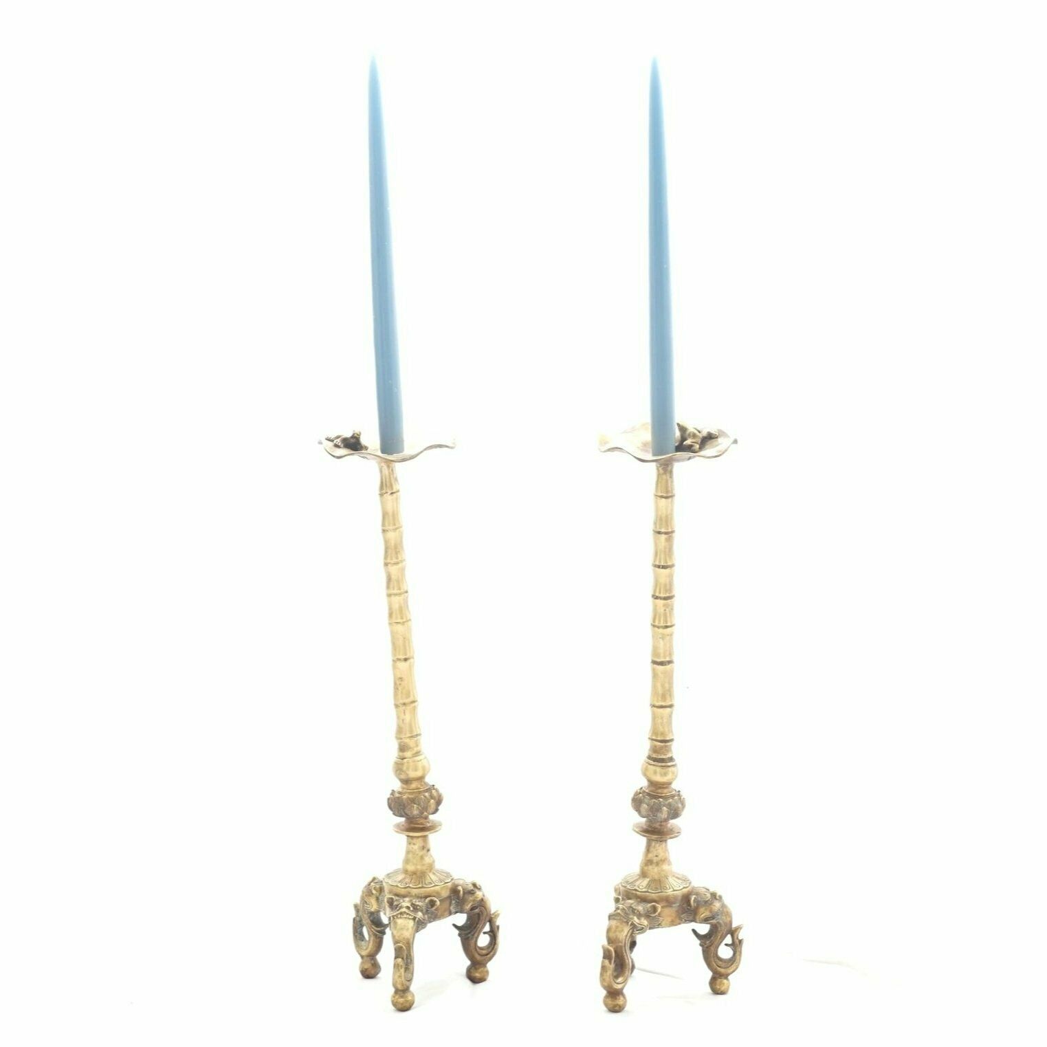 Pair Of Brass Candle Holders With Lotus Leaf And Frog
