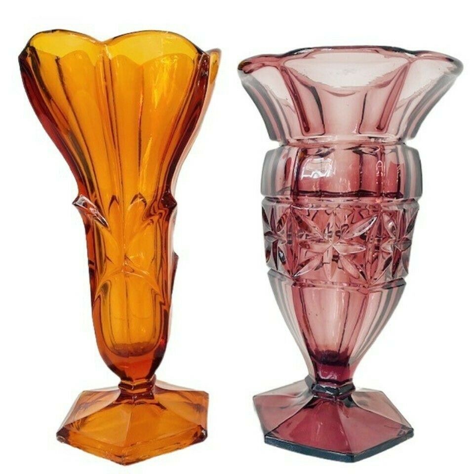 Set Art Deco Vases Bohemian Glass 1930's Stolzle Purple Amber photo vintage