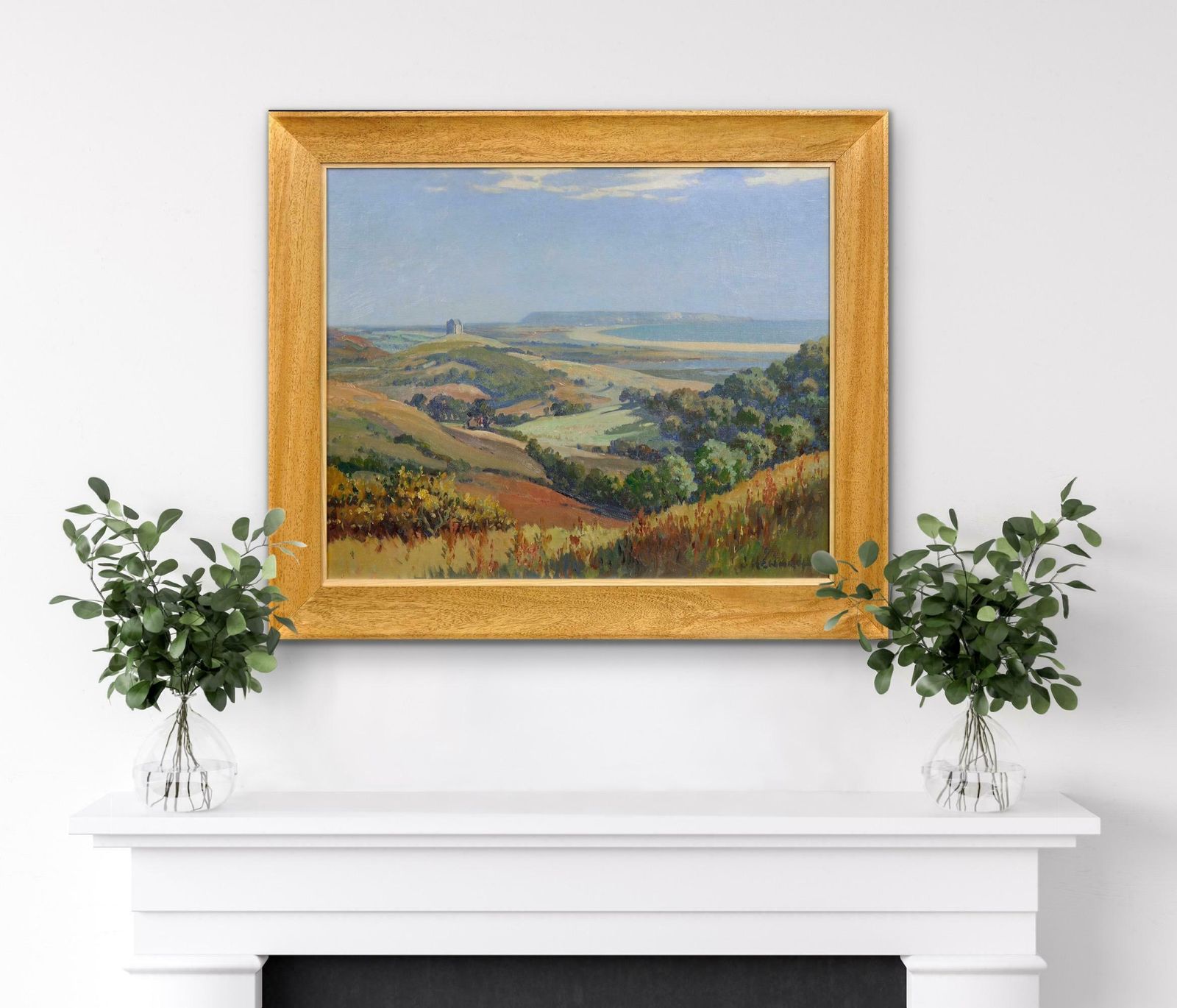 Joseph Edward Hennah 1897 To 1963. Dorset. Abbotsbury Hill View. Chesil Beach & Portland. St Catherine’s Chapel & The Fleet. Framed Oil Painting. photo vintage