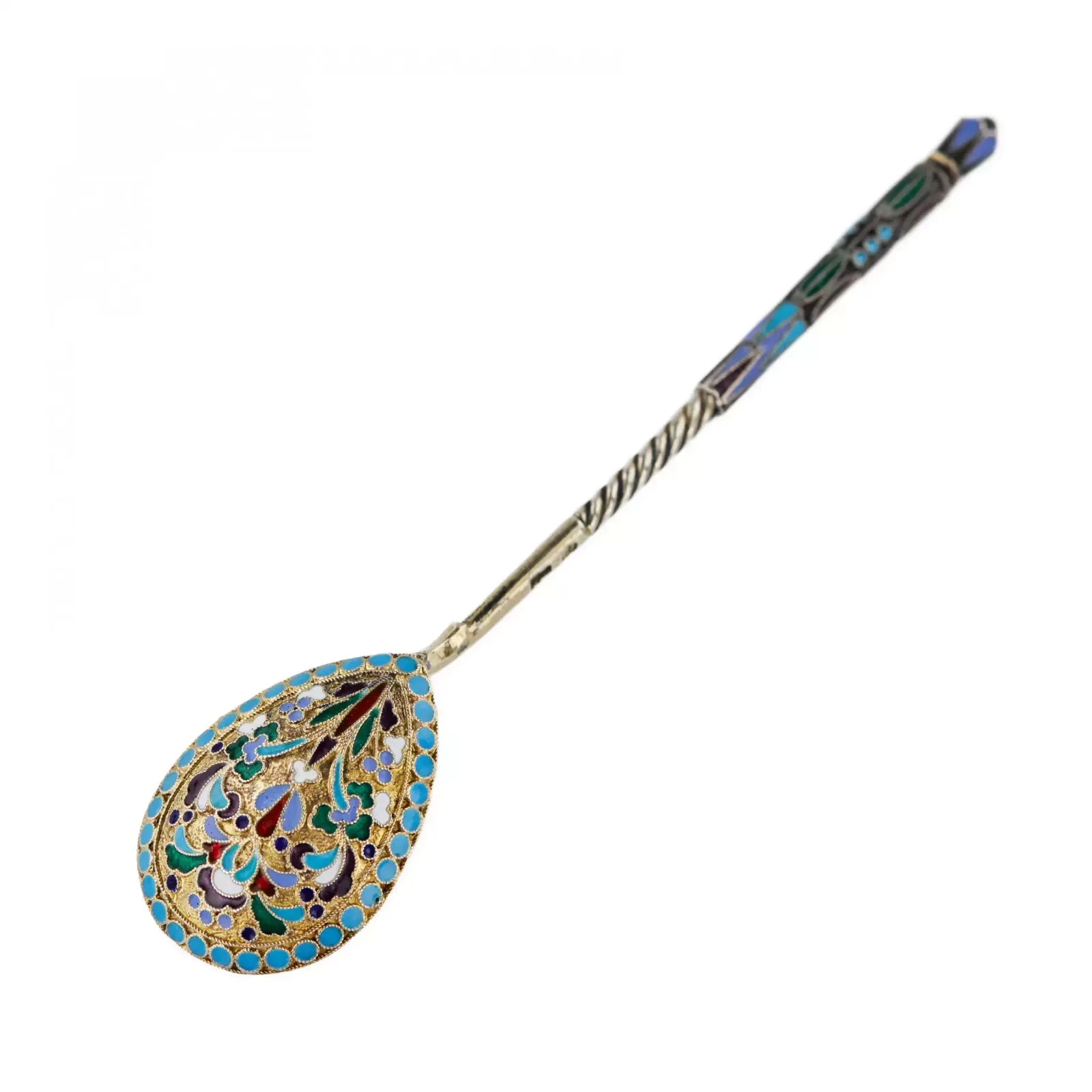 Silver Glass Holder With A Spoon Decorated With Cloisonne Enamel. Moscow 1908 1917. photo vintage