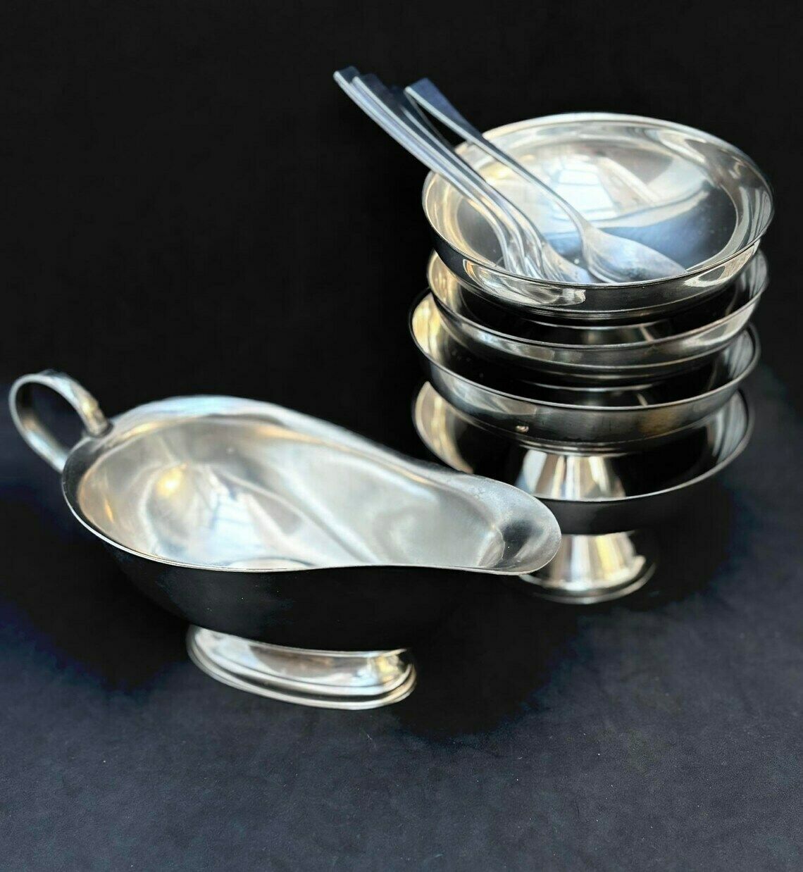 Ice Cream Set 4 Cups, Sauce Boat And 4 Spoons Vintage French Metal As New, Mom Gift Hostess Wedding Gift Cream Bowl Fruit Salad Footed photo 123.0