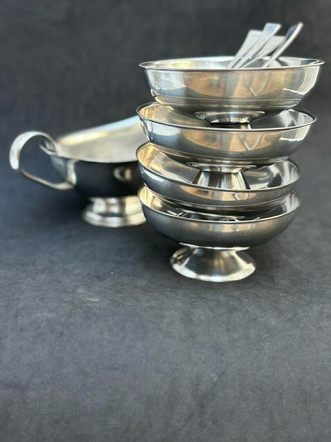 photo for sale Ice Cream Set 4 Cups, Sauce Boat And 4 Spoons Vintage French Metal As New, Mom Gift Hostess Wedding Gift Cream Bowl Fruit Salad Footed