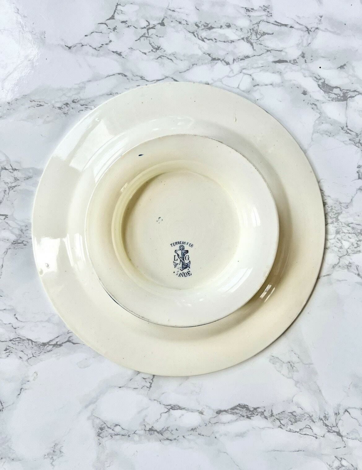 Terre De Fer Mounted Plate Old Earthenware Cake Dish Blue Decor Baroque Flowers France Sarreguemines Gien Model Condé photo 52.0