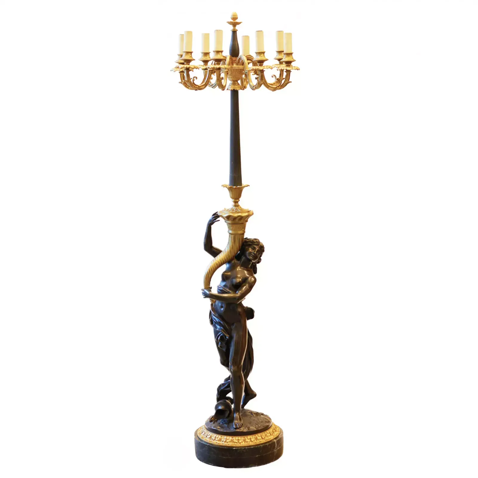 French Floor Lamp Made Of Gilded And Patinated Bronze. The Turn Of The 19th And 20th Centuries.