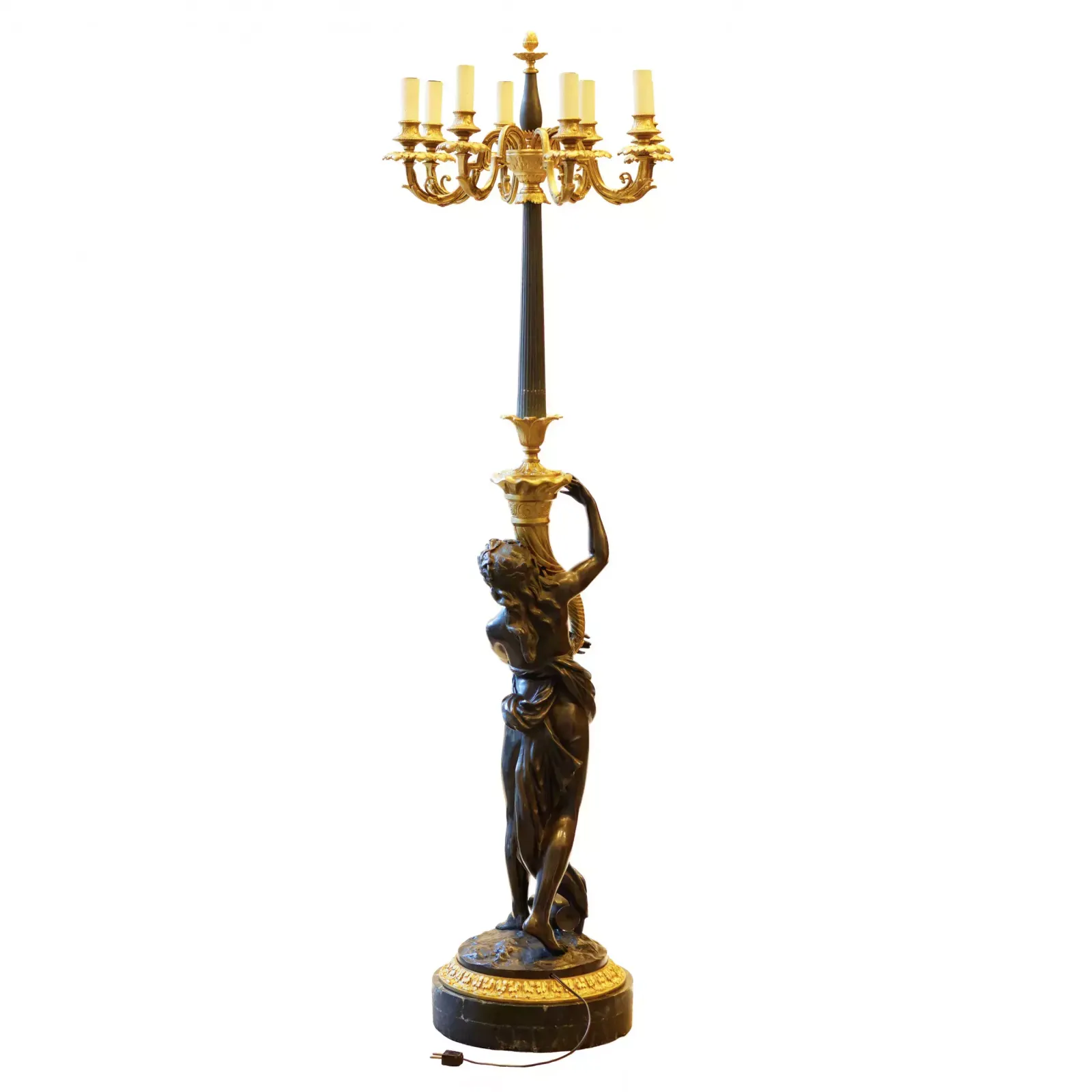 French Floor Lamp Made Of Gilded And Patinated Bronze. The Turn Of The 19th And 20th Centuries. photo for sale