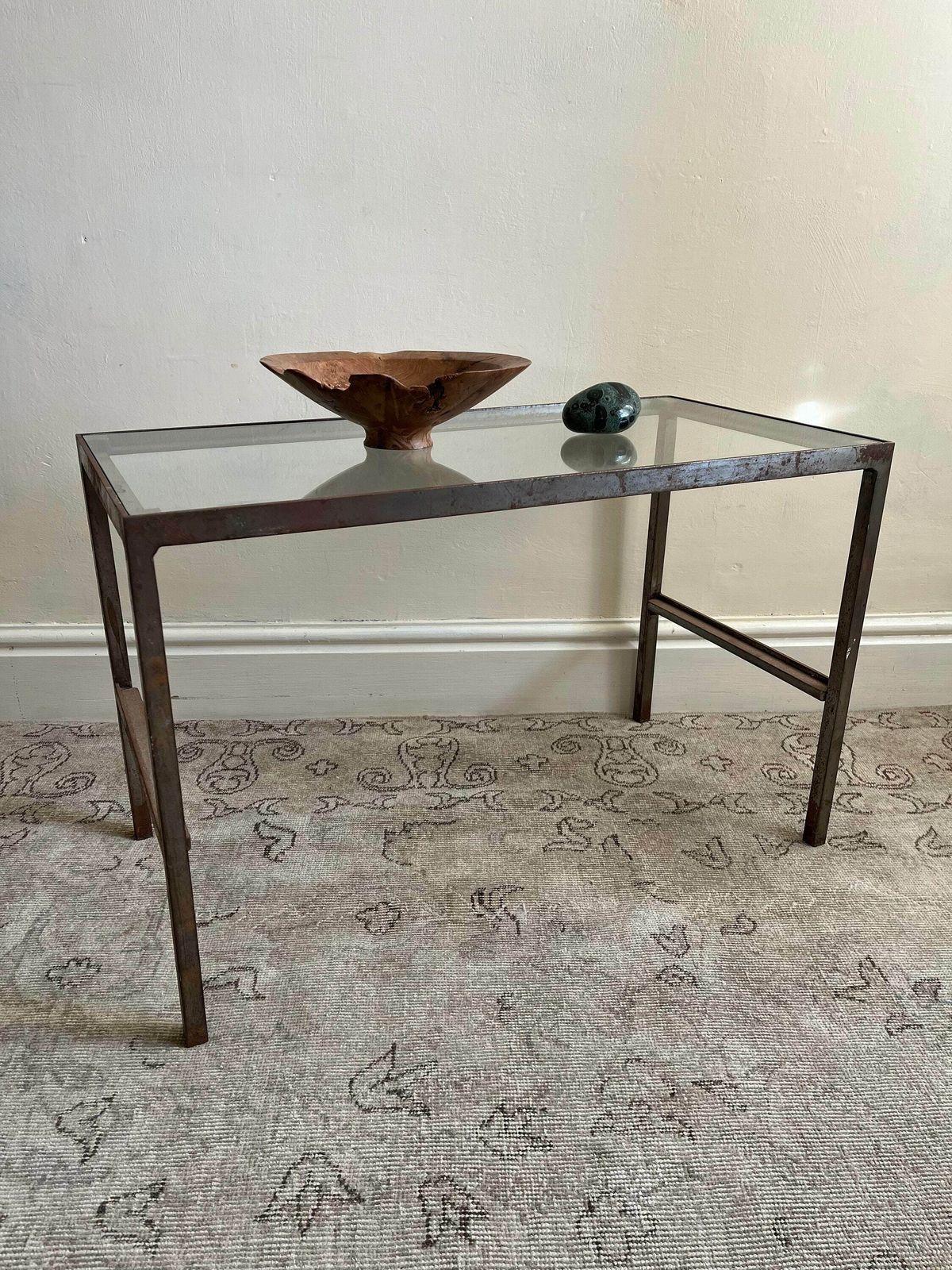Vintage Industrial Steel Frame Coffee Or Side Table With A Minimalist Design And Glass Top photo furniture