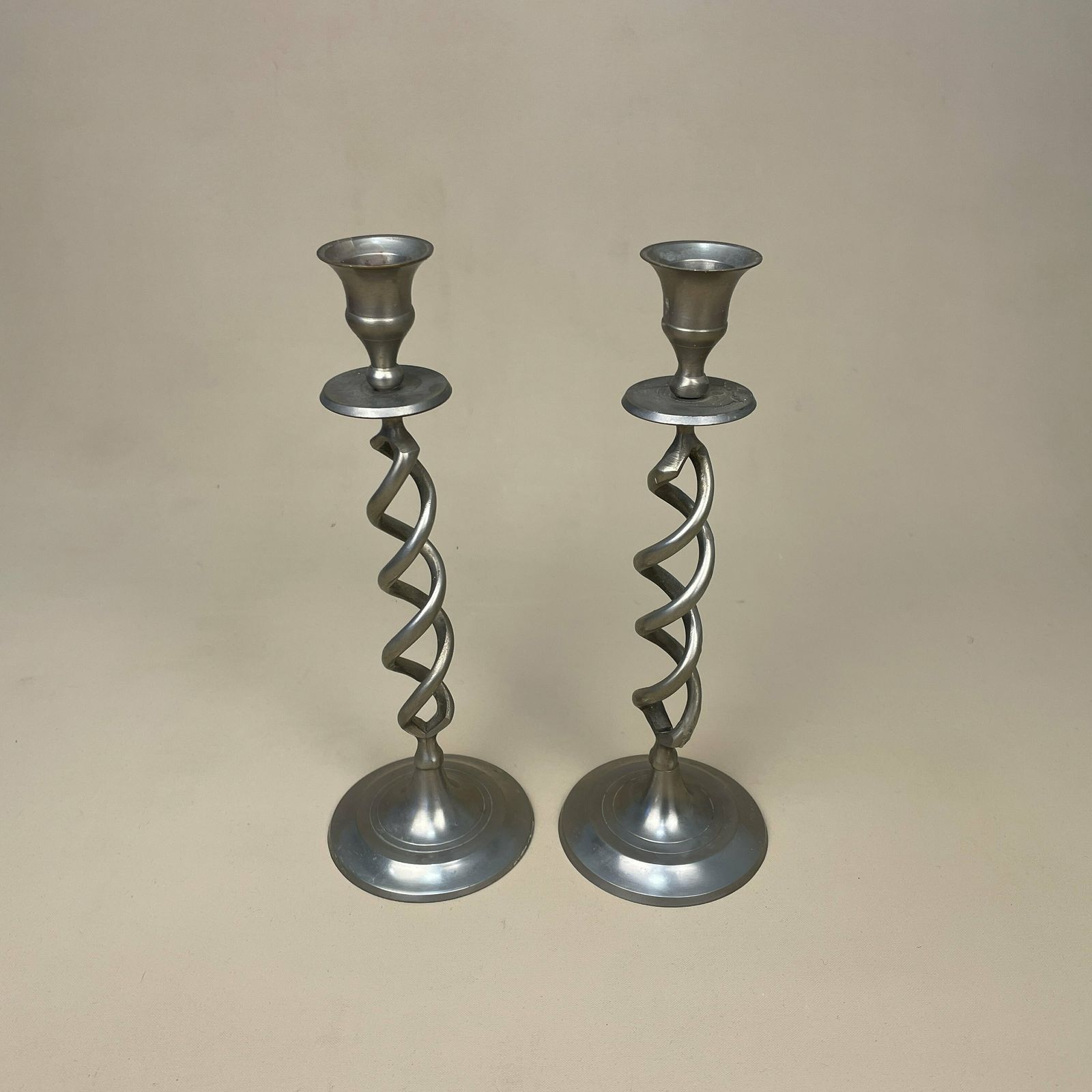 Antique Matching Pair Of Twisted Silver Metal Candlestick Candle Stick Vintage Column Taper Dinner Candlesticks Twist Set Round Aged
