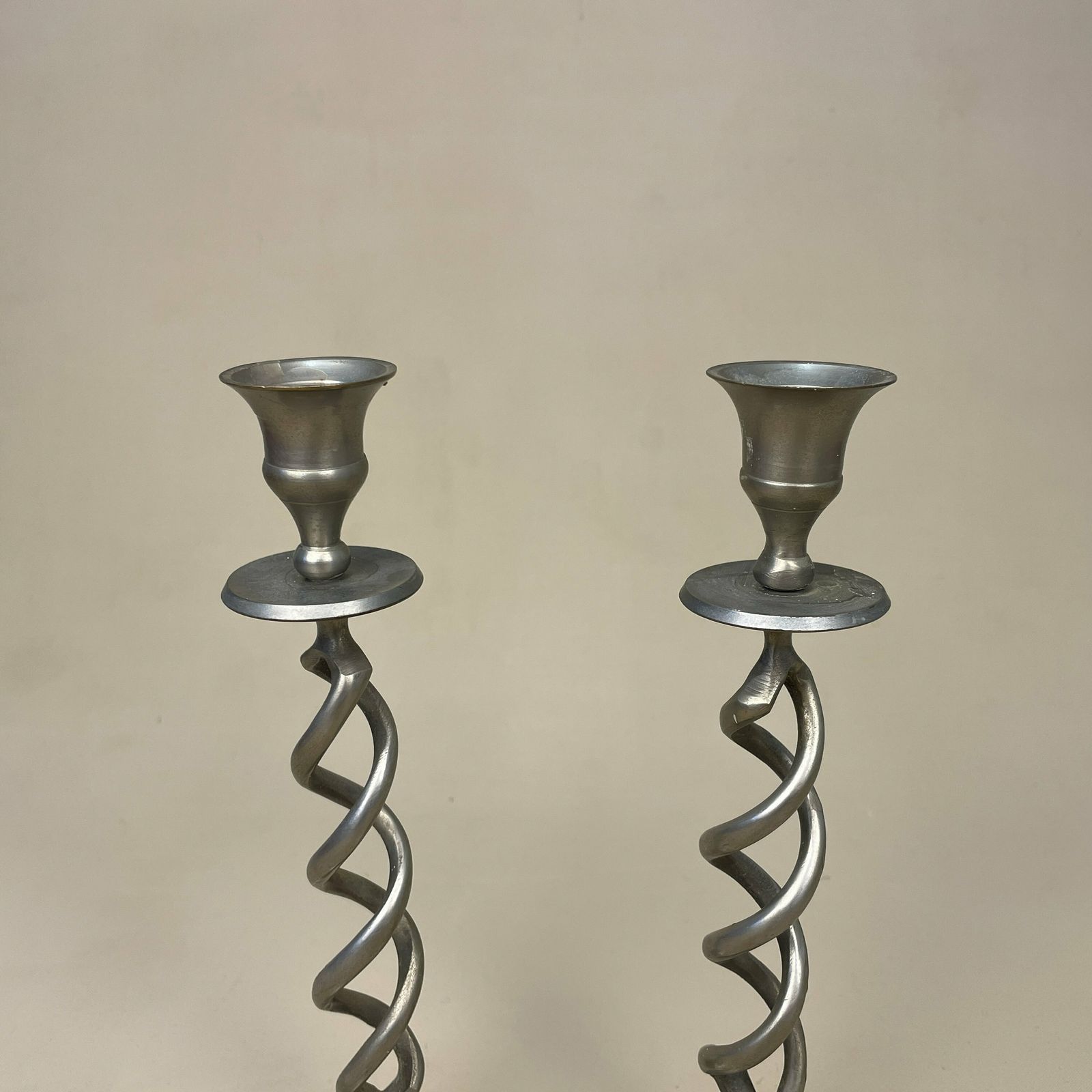 Antique Matching Pair Of Twisted Silver Metal Candlestick Candle Stick Vintage Column Taper Dinner Candlesticks Twist Set Round Aged photo 55.0