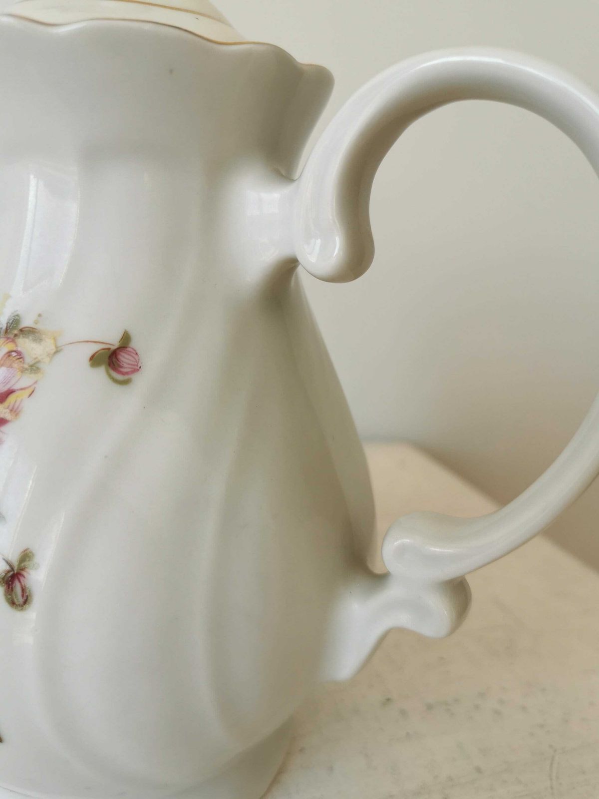 photo for sale Vintage Royal White Teapot With Rose Moss Motive With Lid And Handle / Japan Porcelain Ceramics / Gold Pink Details Coffee Pot 1960s
