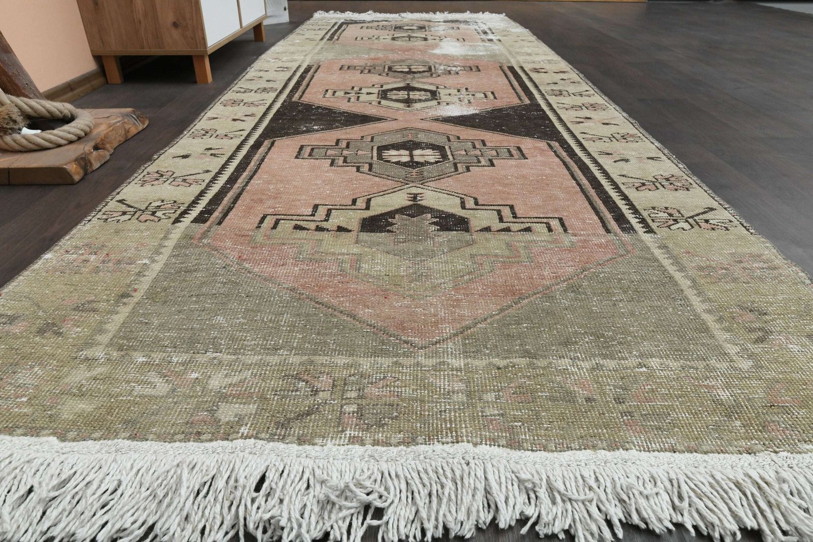 Distressed Pink Beige Vintage Rug, Handmade Turkish Rug, Kitchen Hallway Rug, Oushak Wool Rug, Home Decor, Runner Rug,