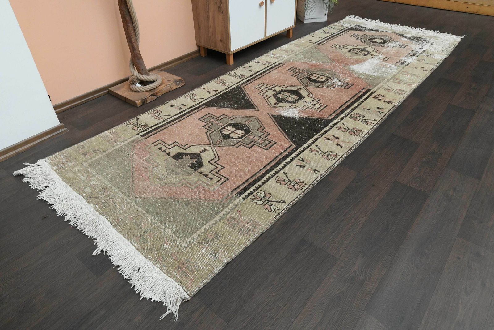 Distressed Pink Beige Vintage Rug, Handmade Turkish Rug, Kitchen Hallway Rug, Oushak Wool Rug, Home Decor, Runner Rug, photo furniture