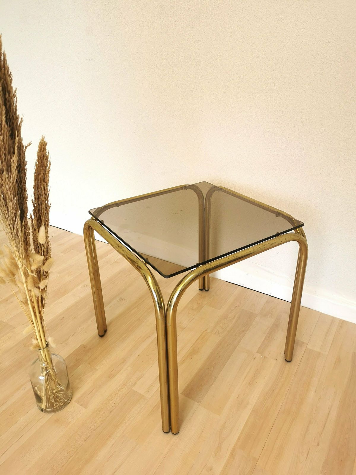 Vintage Brass And Smoked Glass Coffee Table / Italy 1970s / Mid Century End Or Side Living Room Cocktail Table