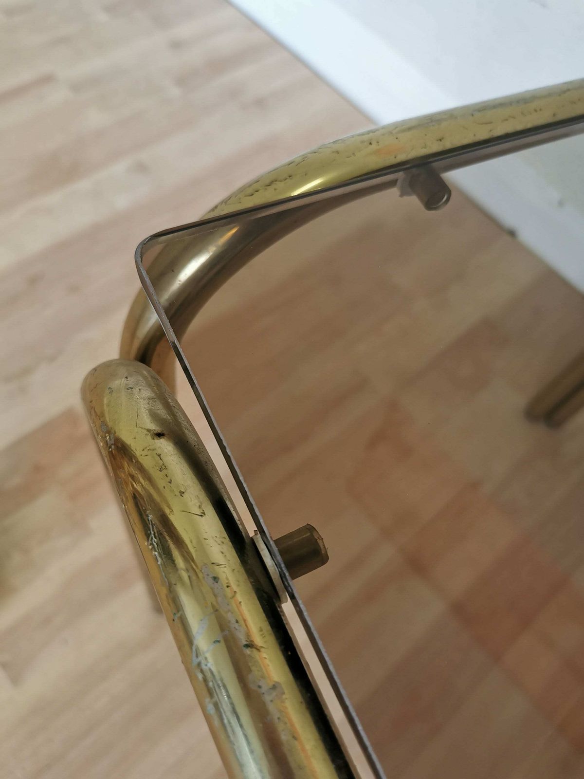Vintage Brass And Smoked Glass Coffee Table / Italy 1970s / Mid Century End Or Side Living Room Cocktail Table photo furniture