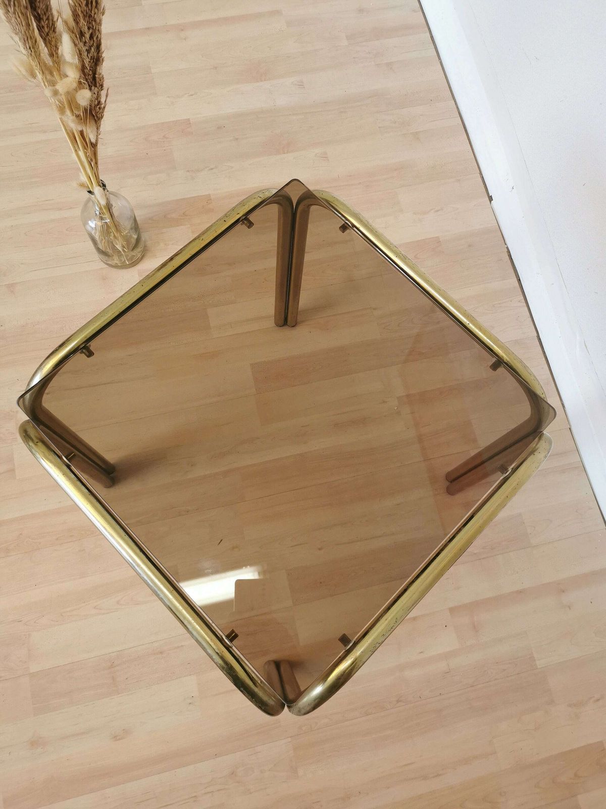 Vintage Brass And Smoked Glass Coffee Table / Italy 1970s / Mid Century End Or Side Living Room Cocktail Table photo for sale