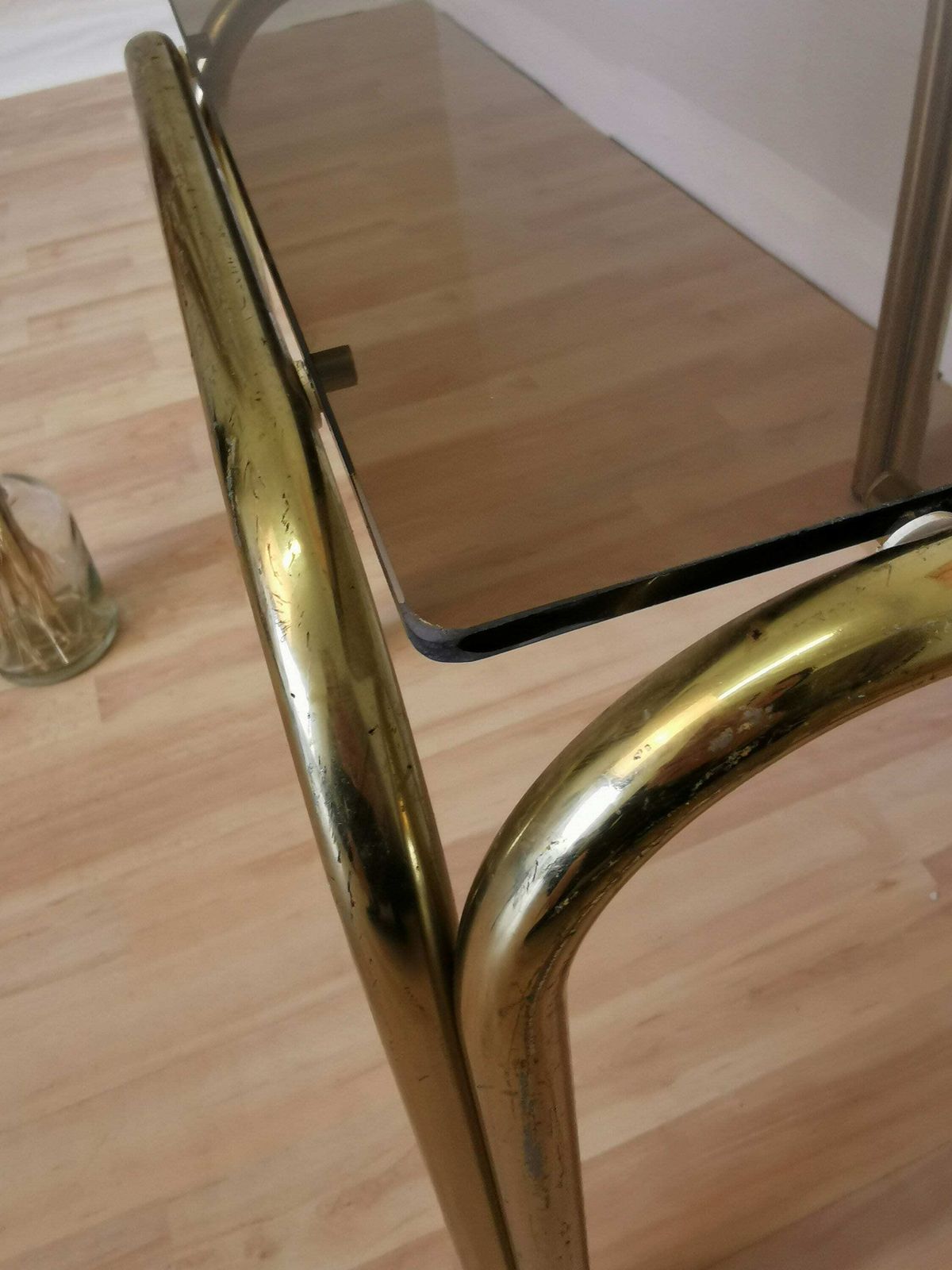 Vintage Brass And Smoked Glass Coffee Table / Italy 1970s / Mid Century End Or Side Living Room Cocktail Table photo vinterior