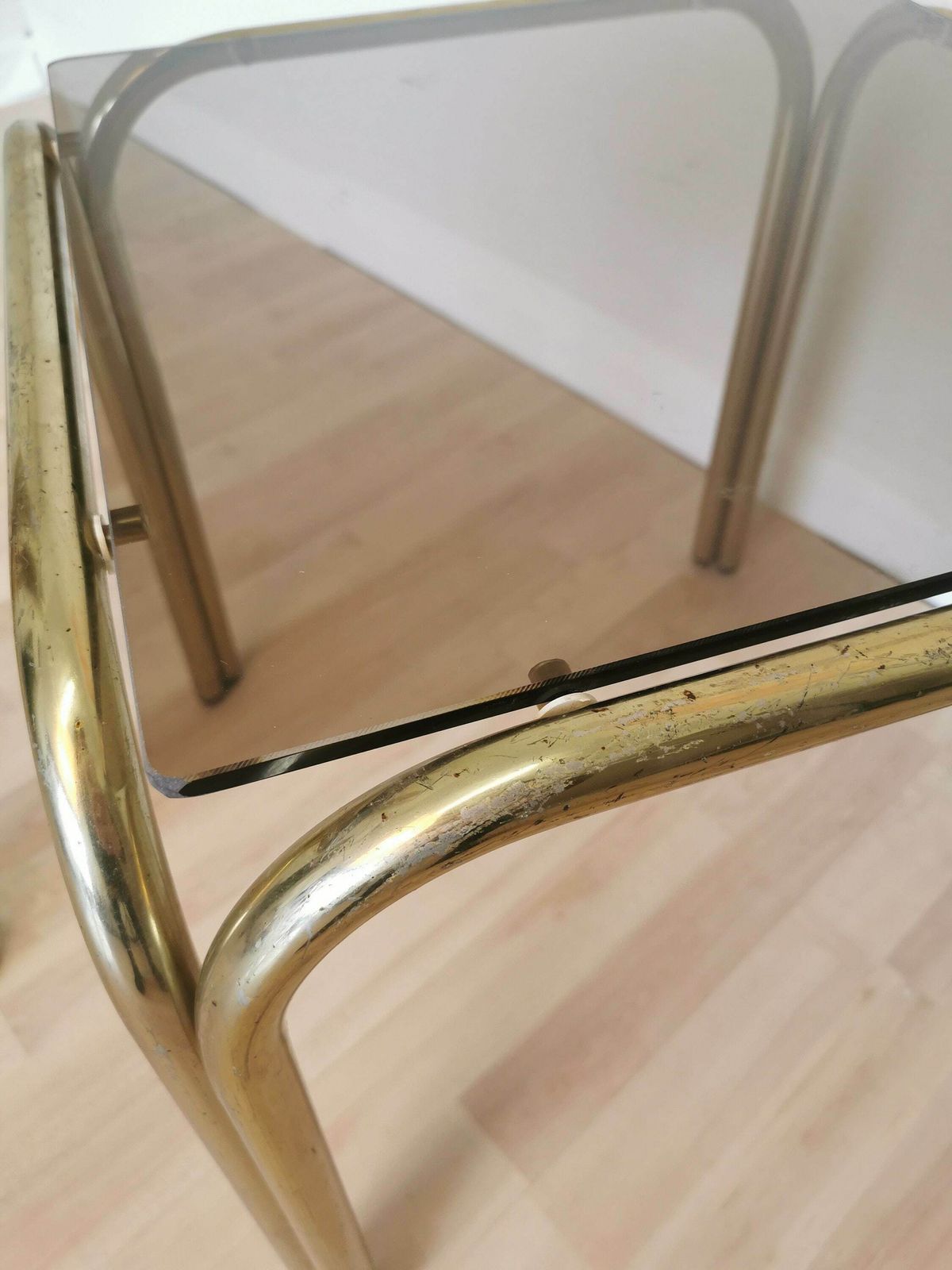 Vintage Brass And Smoked Glass Coffee Table / Italy 1970s / Mid Century End Or Side Living Room Cocktail Table photo vintage