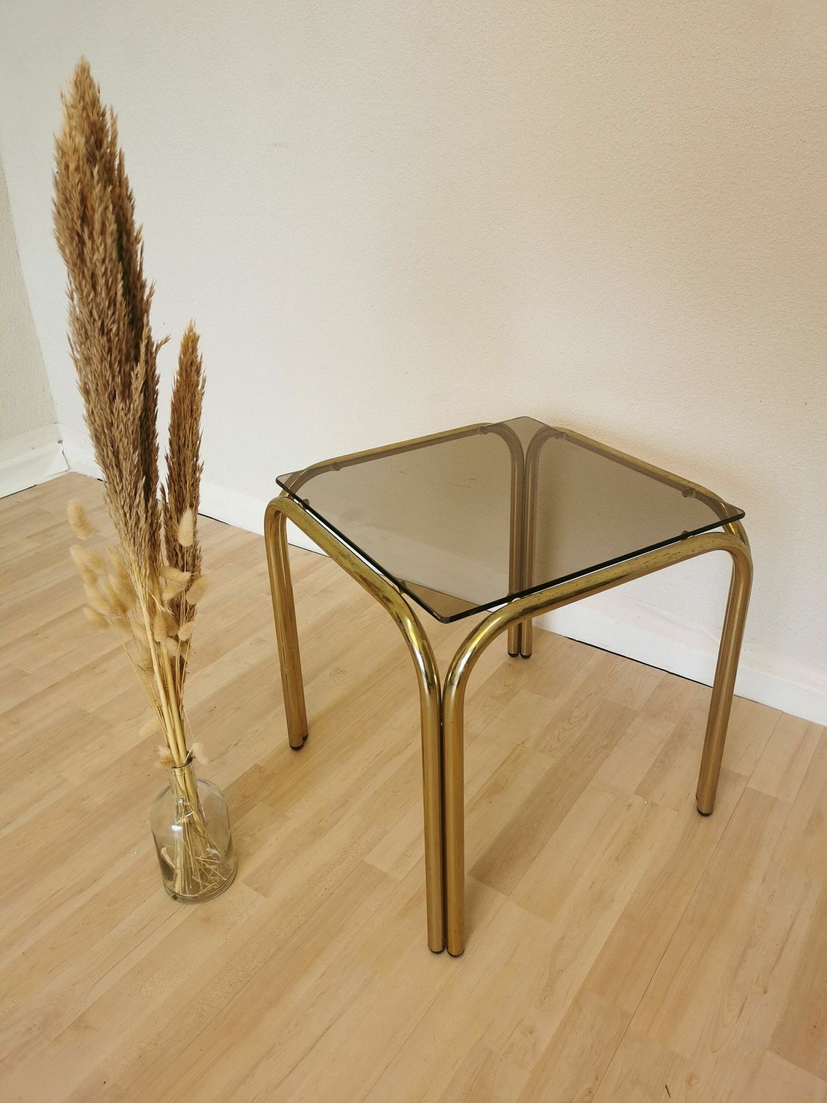 photo furniture Vintage Brass And Smoked Glass Coffee Table / Italy 1970s / Mid Century End Or Side Living Room Cocktail Table