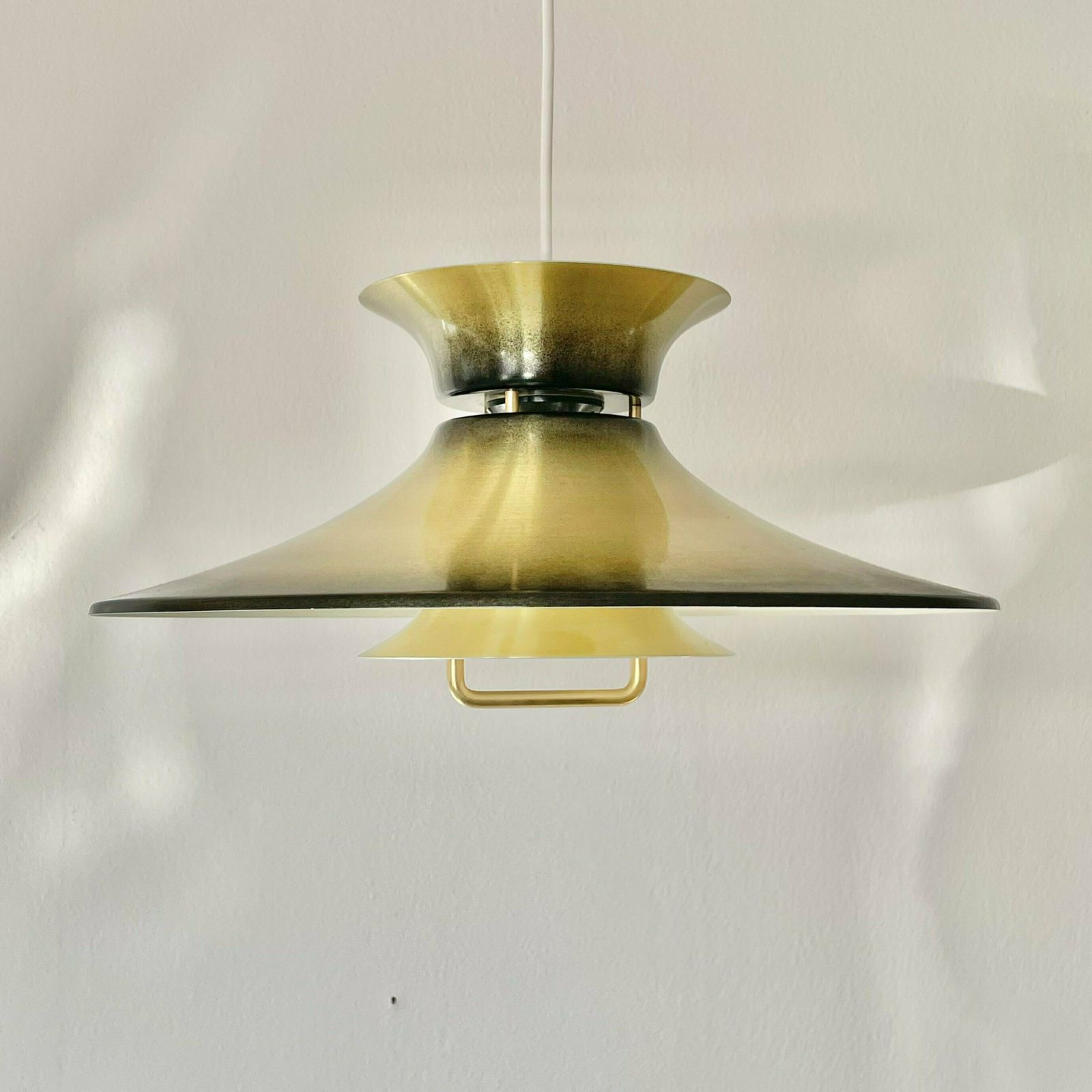 Danish Mid Century Modern Design Minimalist Ceiling Lamp With Gold And Black Painted Multilayer Metal Shades, Trumpet Top And Hanger photo 240.0