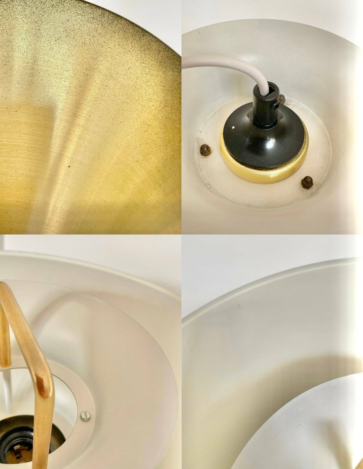 photo for sale Danish Mid Century Modern Design Minimalist Ceiling Lamp With Gold And Black Painted Multilayer Metal Shades, Trumpet Top And Hanger